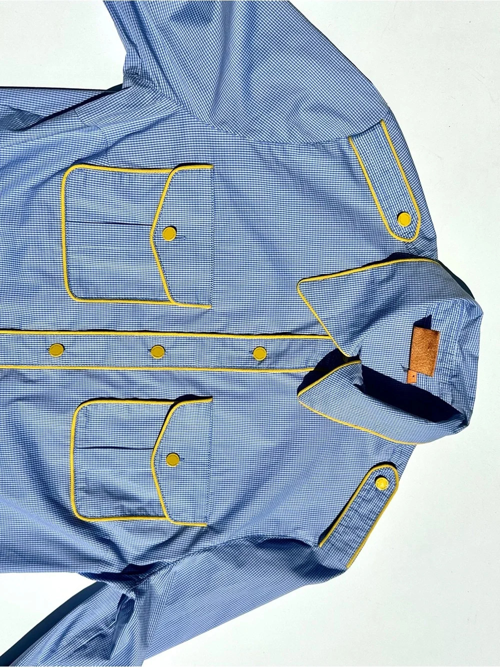 Tory Burch Blue Gingham Stretch Cotton Fitted Shirt Blouse, Silk Yellow Piping 4